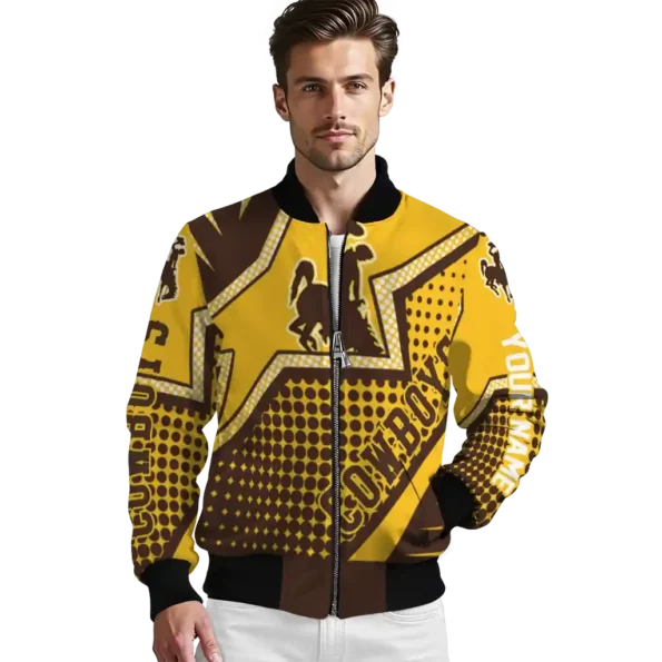 personalized wyoming cowboys star burst brown bomber jacket high quality