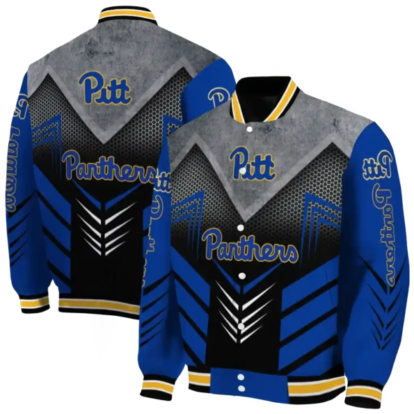 pittsburgh panthers arrow layer royal blue black varsity jacket fashion forward.webp