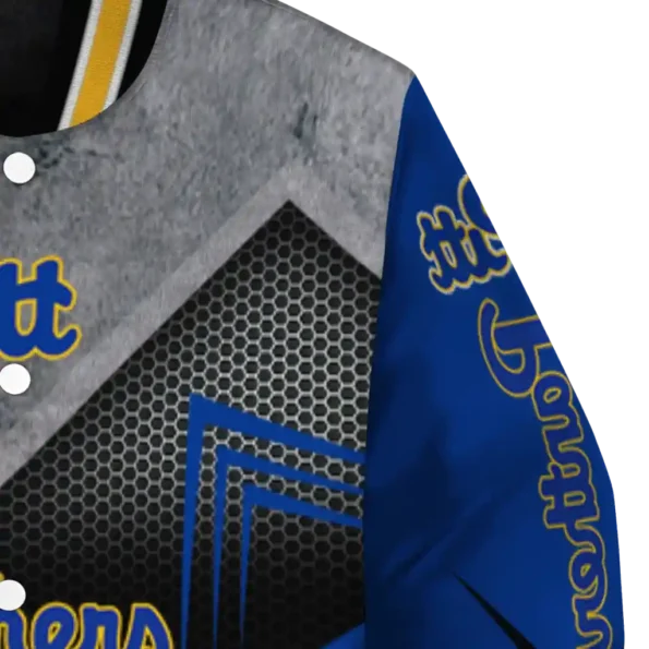 pittsburgh panthers arrow layer royal blue black varsity jacket premium grade.webp