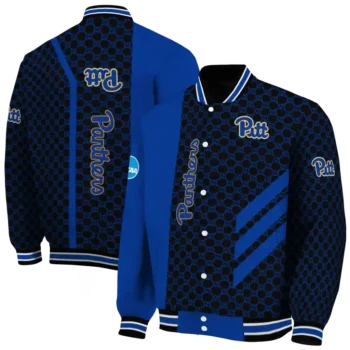 pittsburgh panthers triple side stripes royal blue black varsity jacket fashion forward.webp