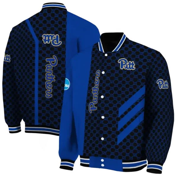 pittsburgh panthers triple side stripes royal blue black varsity jacket fashion forward.webp