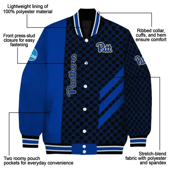 pittsburgh panthers triple side stripes royal blue black varsity jacket new arrival.webp