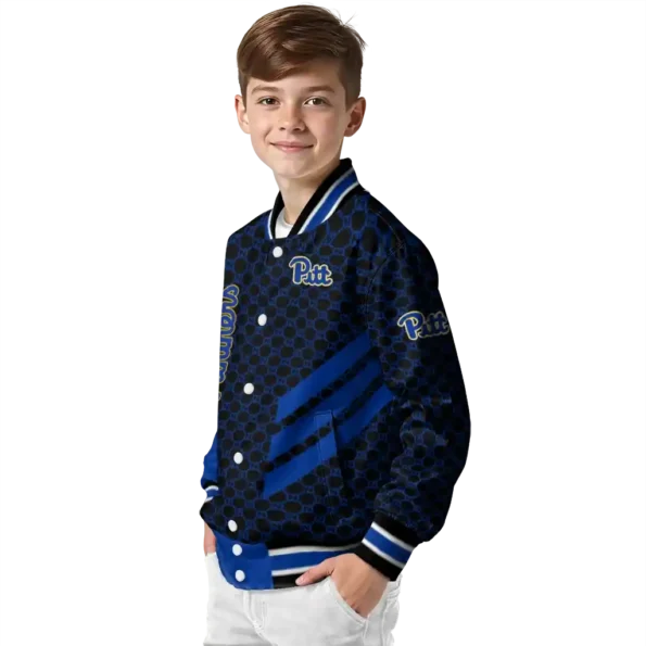 pittsburgh panthers triple side stripes royal blue black varsity jacket trendy.webp
