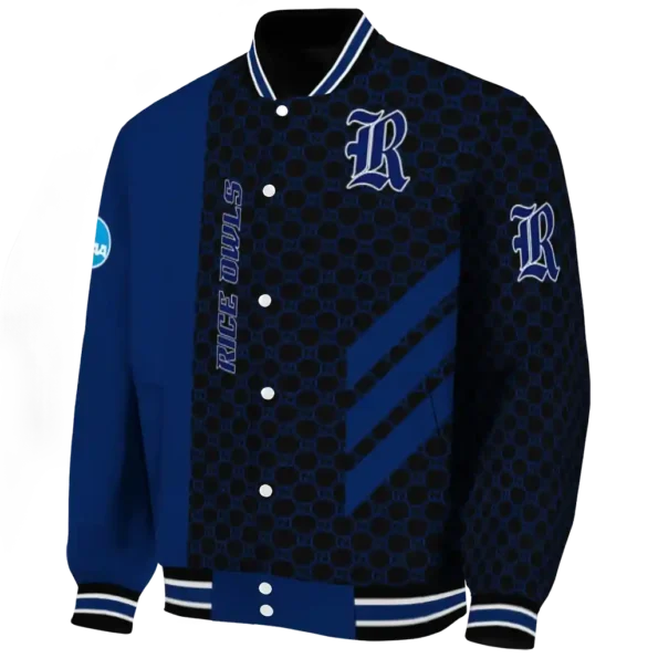 rice owls triple side stripes navy blue black varsity jacket best selling.webp
