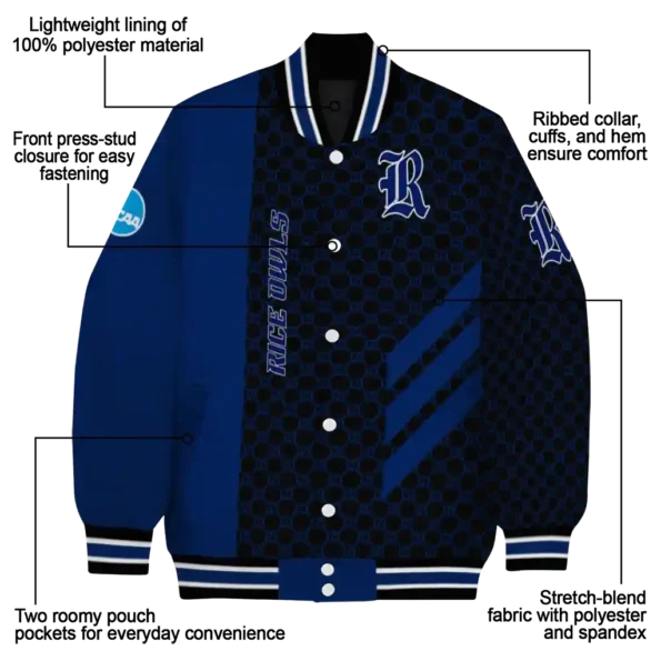 rice owls triple side stripes navy blue black varsity jacket new arrival.webp