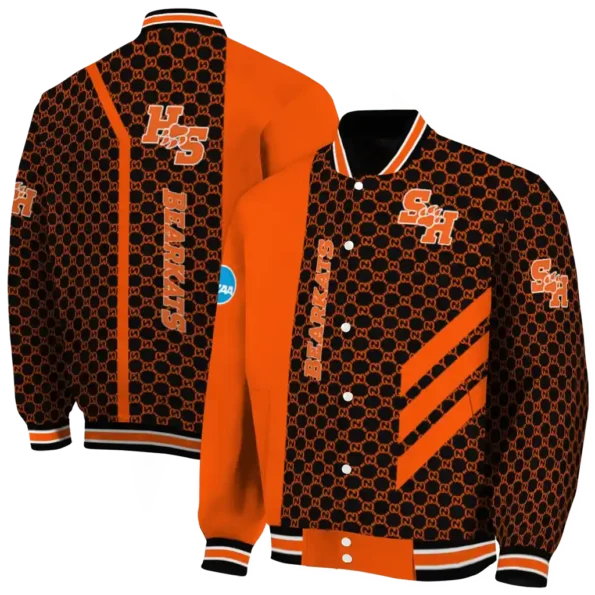 sam houston bearkats triple side stripes orange black varsity jacket fashion forward.webp