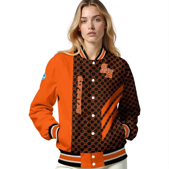 sam houston bearkats triple side stripes orange black varsity jacket latest model.webp