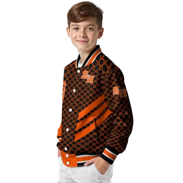 sam houston bearkats triple side stripes orange black varsity jacket trendy.webp