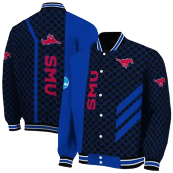 smu mustangs triple side stripes blue black varsity jacket fashion forward.webp