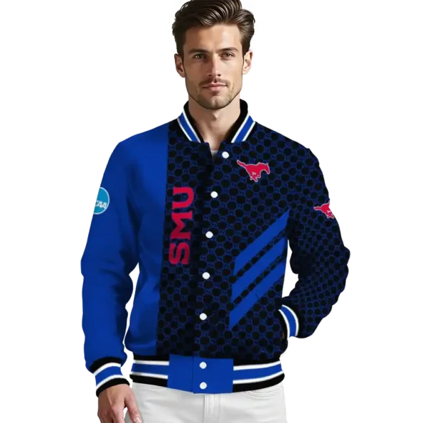 smu mustangs triple side stripes blue black varsity jacket high quality.webp