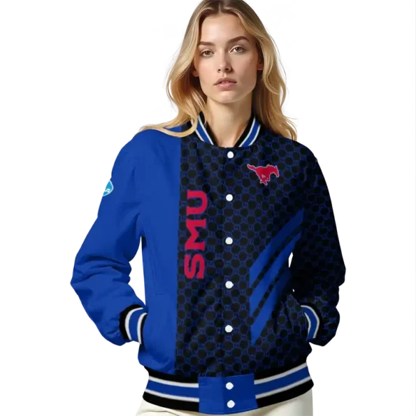 smu mustangs triple side stripes blue black varsity jacket latest model.webp