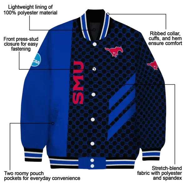 smu mustangs triple side stripes blue black varsity jacket new arrival.webp