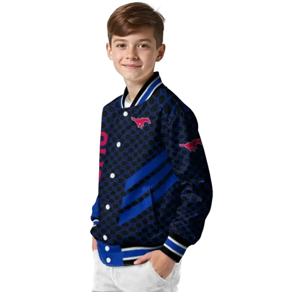 smu mustangs triple side stripes blue black varsity jacket trendy.webp