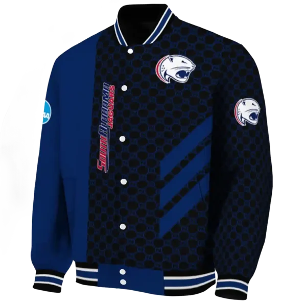 south alabama jaguars triple side stripes blue black varsity jacket best selling.webp