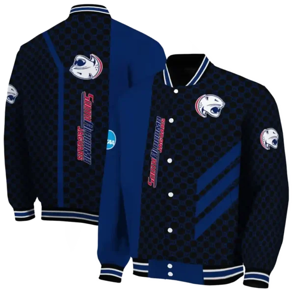 south alabama jaguars triple side stripes blue black varsity jacket fashion forward.webp