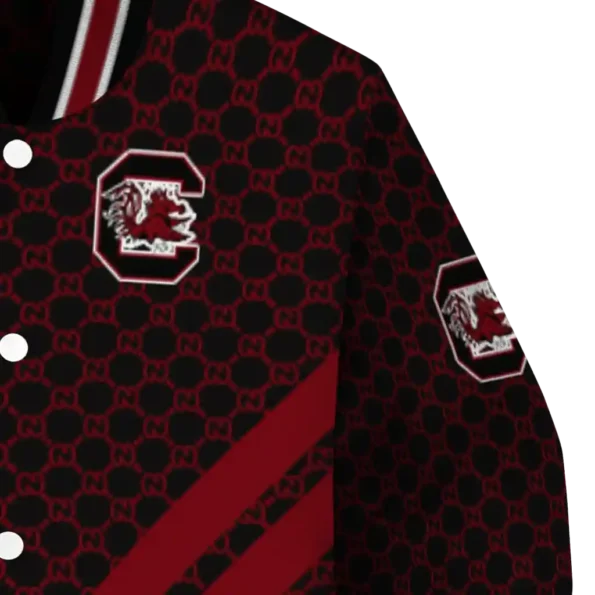 south carolina gamecocks triple side stripes garnet black varsity jacket premium grade.webp