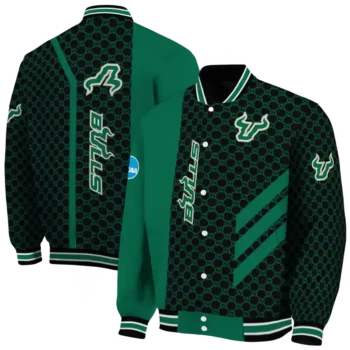 south florida bulls triple side stripes green black varsity jacket fashion forward.webp