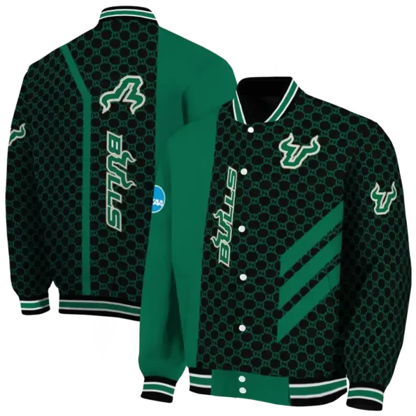 south florida bulls triple side stripes green black varsity jacket fashion forward.webp
