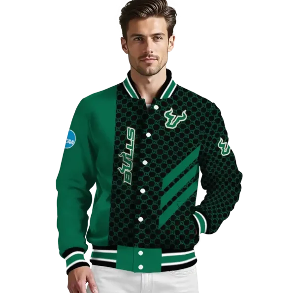 south florida bulls triple side stripes green black varsity jacket high quality.webp