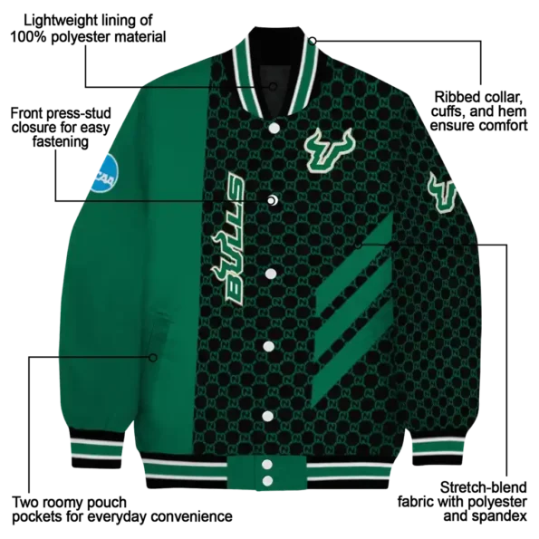 south florida bulls triple side stripes green black varsity jacket new arrival.webp