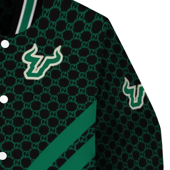 south florida bulls triple side stripes green black varsity jacket premium grade.webp