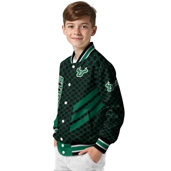 south florida bulls triple side stripes green black varsity jacket trendy.webp