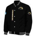 southern miss golden eagles triple side stripes black varsity jacket best selling.webp