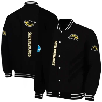 southern miss golden eagles triple side stripes black varsity jacket fashion forward.webp