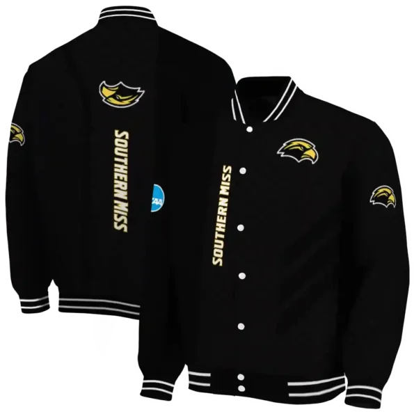 southern miss golden eagles triple side stripes black varsity jacket fashion forward.webp