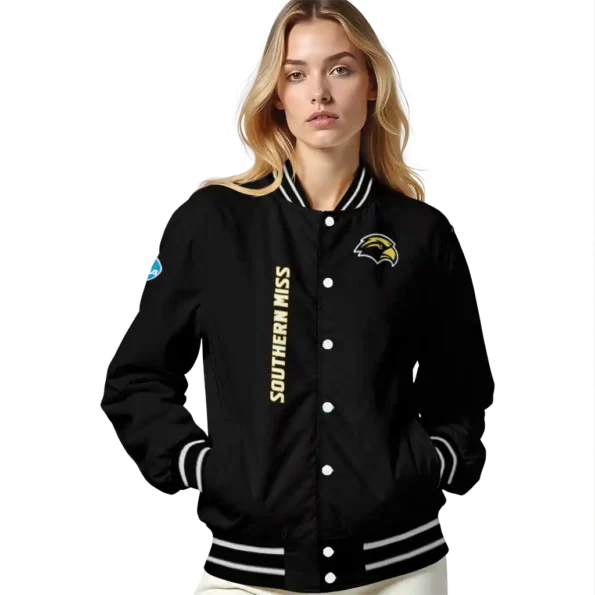 southern miss golden eagles triple side stripes black varsity jacket latest model.webp