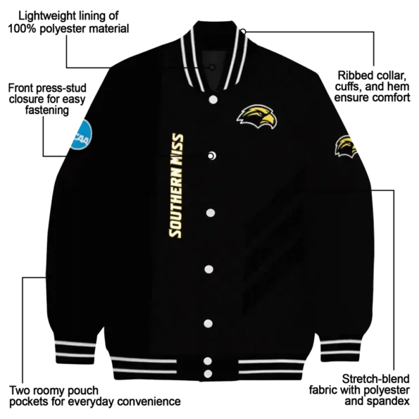 southern miss golden eagles triple side stripes black varsity jacket new arrival.webp