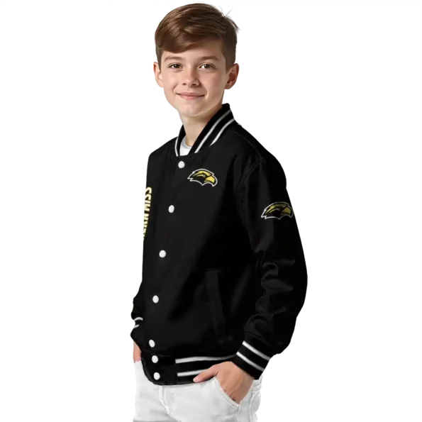 southern miss golden eagles triple side stripes black varsity jacket trendy.webp