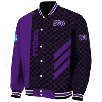 tcu horned frogs triple side stripes purple black varsity jacket best selling.webp
