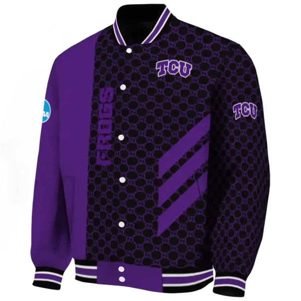 tcu horned frogs triple side stripes purple black varsity jacket best selling.webp
