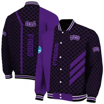 tcu horned frogs triple side stripes purple black varsity jacket fashion forward.webp