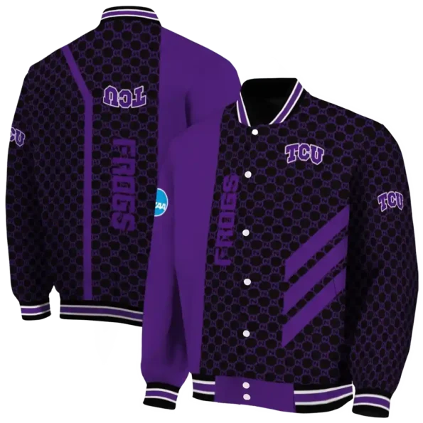 tcu horned frogs triple side stripes purple black varsity jacket fashion forward.webp