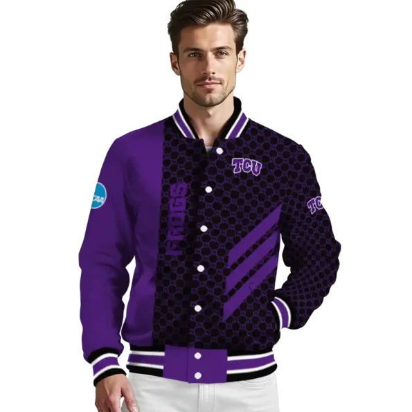 tcu horned frogs triple side stripes purple black varsity jacket high quality.webp