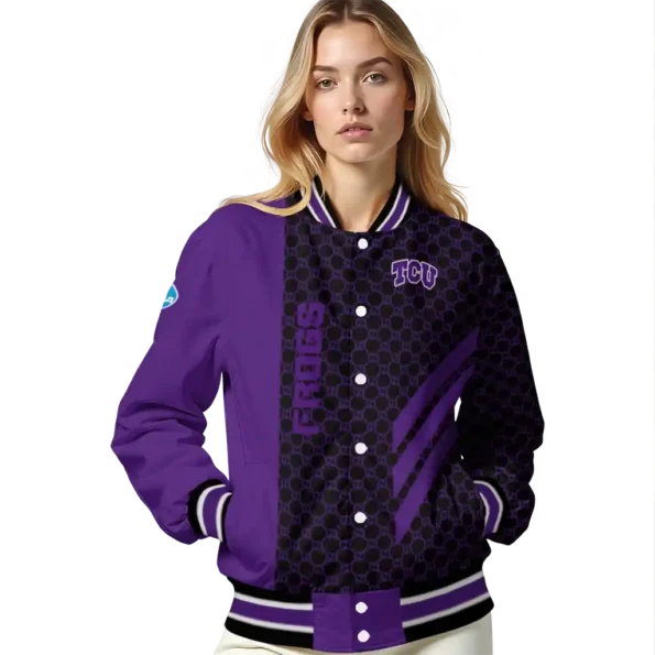 tcu horned frogs triple side stripes purple black varsity jacket latest model.webp