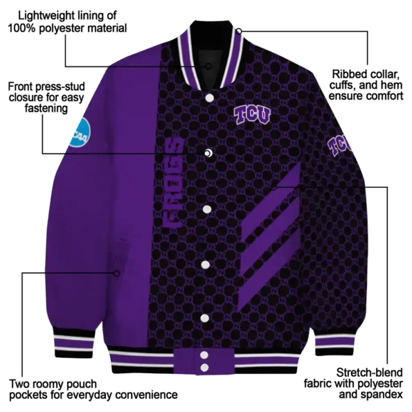 tcu horned frogs triple side stripes purple black varsity jacket new arrival.webp
