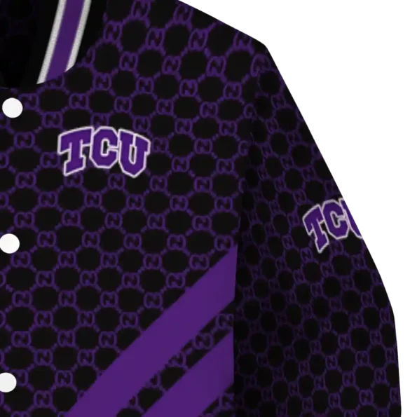 tcu horned frogs triple side stripes purple black varsity jacket premium grade.webp