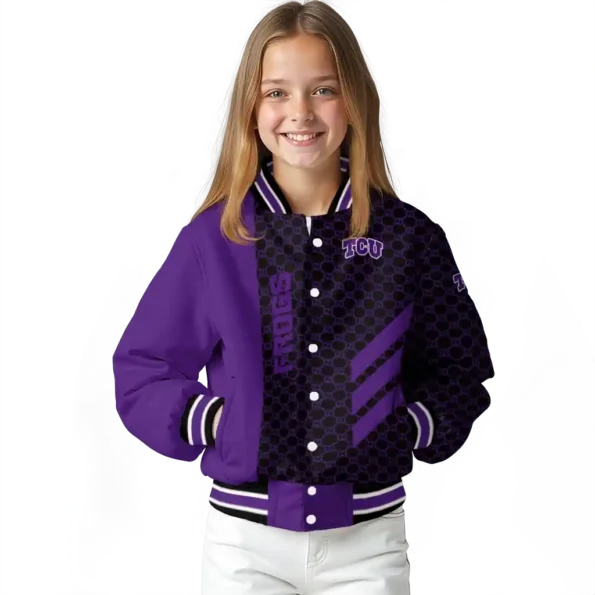 tcu horned frogs triple side stripes purple black varsity jacket top rated.webp