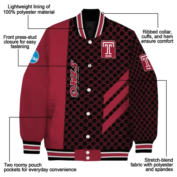temple owls triple side stripes red black varsity jacket new arrival.webp