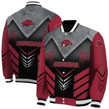 arkansas razorbacks arrow layer red black varsity jacket fashion forward.webp