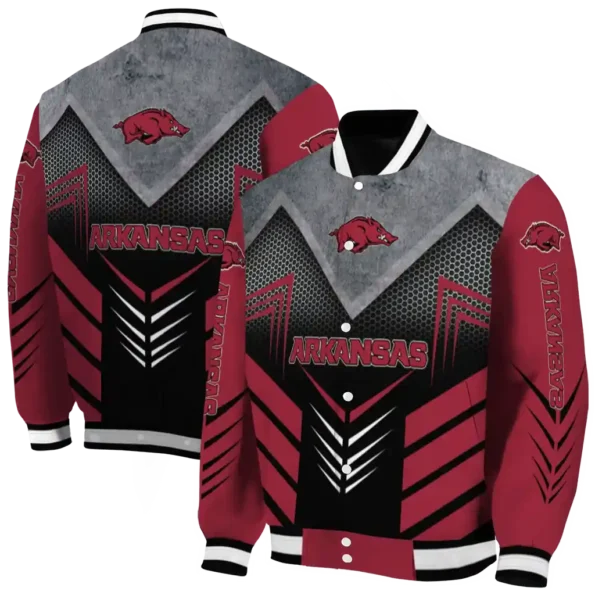 arkansas razorbacks arrow layer red black varsity jacket fashion forward.webp