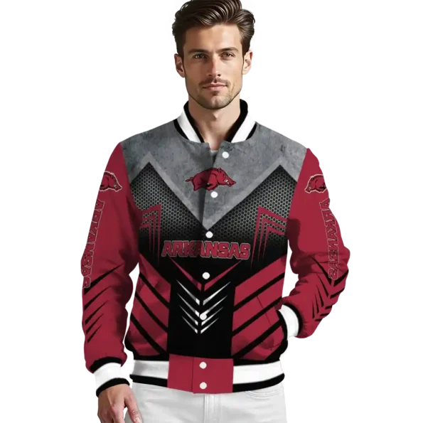 arkansas razorbacks arrow layer red black varsity jacket high quality.webp