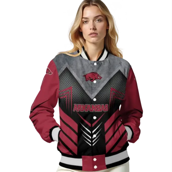 arkansas razorbacks arrow layer red black varsity jacket latest model.webp