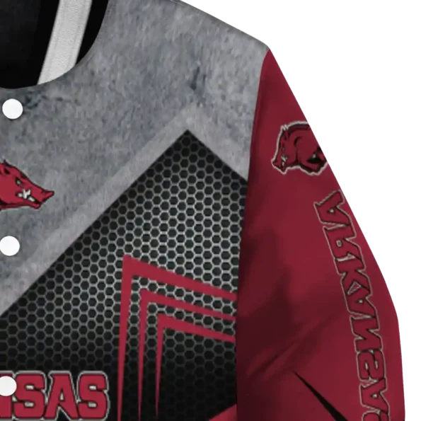 arkansas razorbacks arrow layer red black varsity jacket premium grade.webp