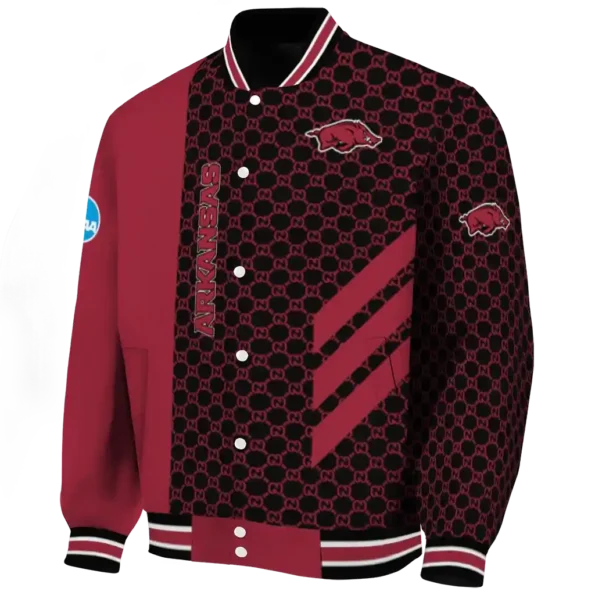 arkansas razorbacks triple side stripes red black varsity jacket best selling
