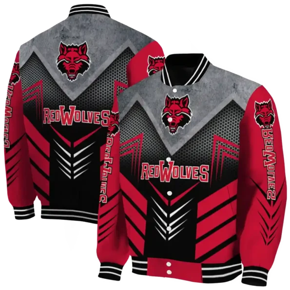 arkansas state red wolves arrow layer scarlet black varsity jacket fashion forward.webp