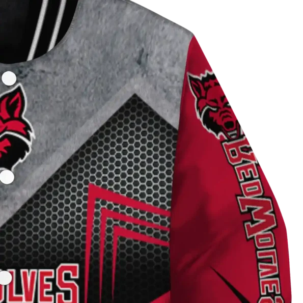 arkansas state red wolves arrow layer scarlet black varsity jacket premium grade.webp